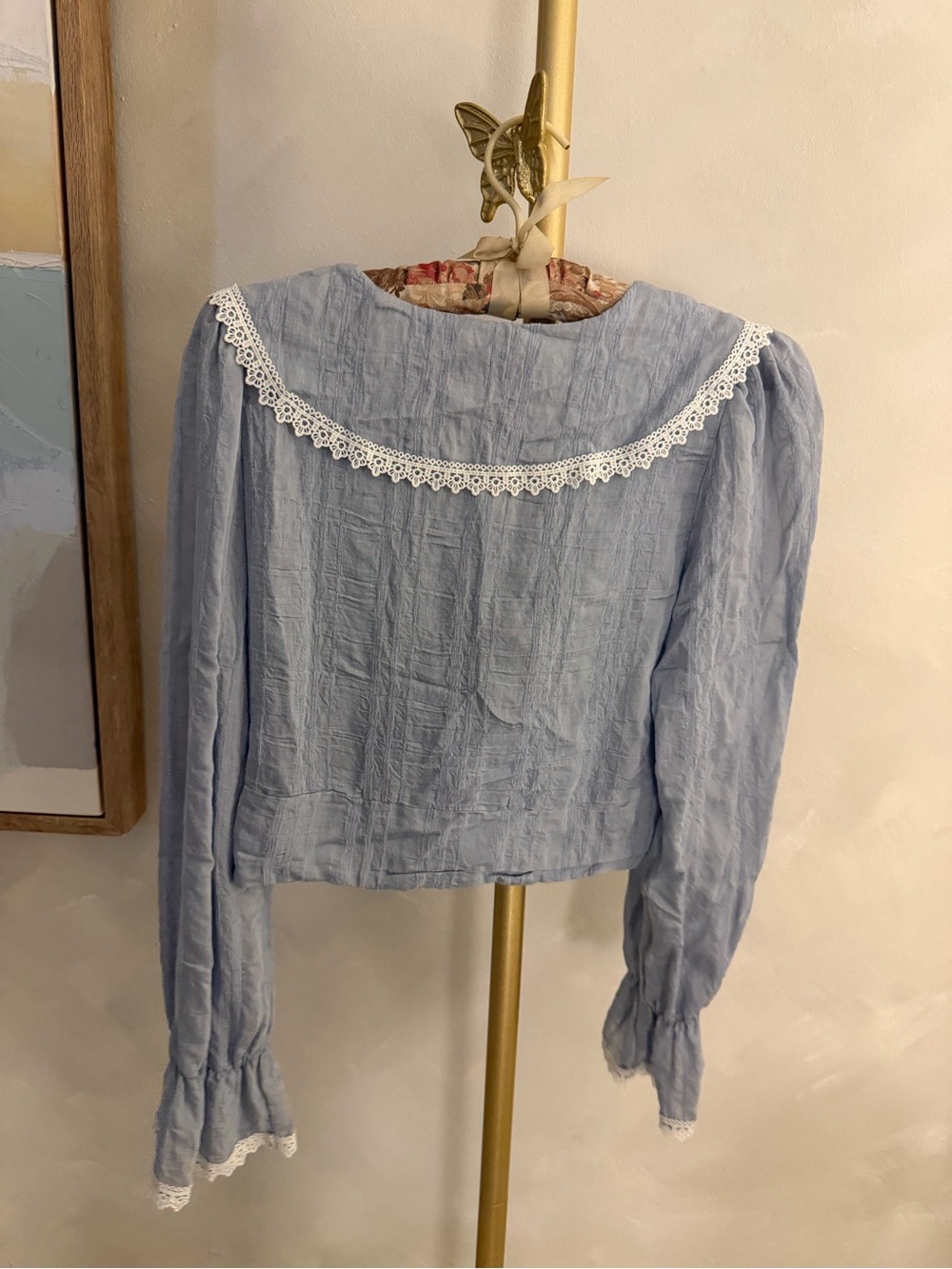 Pale Blue Lace-Trim V-Neck Women's Top - Picture 4 of 5
